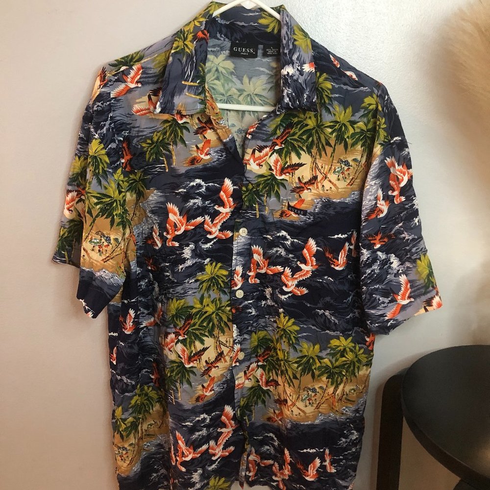Mens Pattern Button Up SS Guess Shirt Sz L